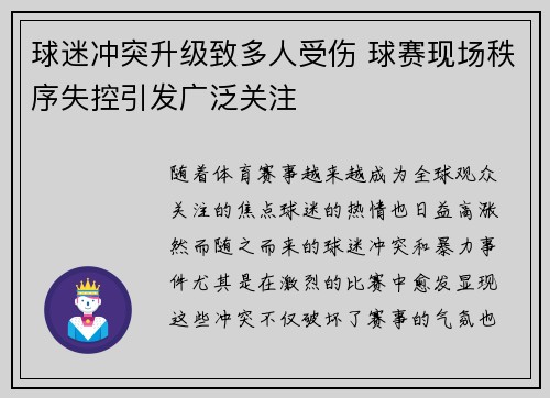球迷冲突升级致多人受伤 球赛现场秩序失控引发广泛关注