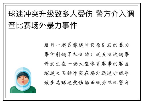 球迷冲突升级致多人受伤 警方介入调查比赛场外暴力事件