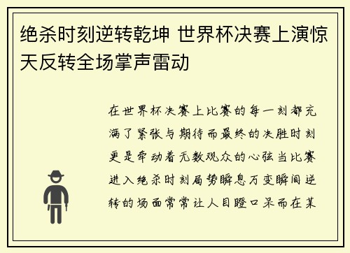 绝杀时刻逆转乾坤 世界杯决赛上演惊天反转全场掌声雷动
